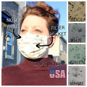 Reusable Cloth Face Mask,Filter Pocket, Nose Wire